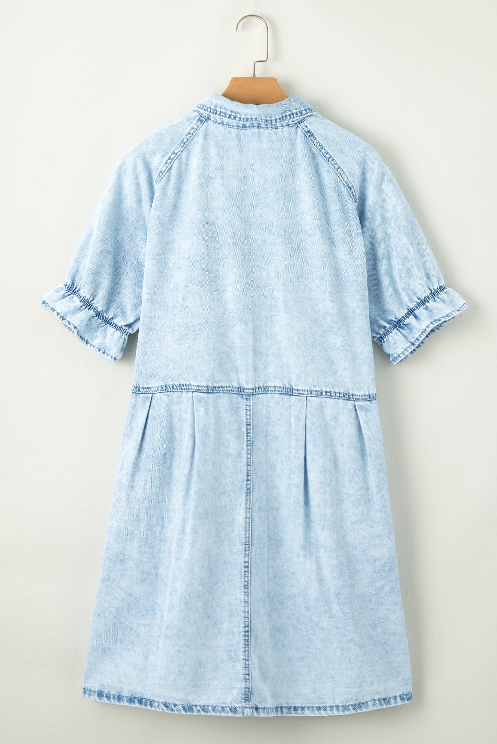 Beau Blue Chambray Ruffled Collared Denim Shift Dress