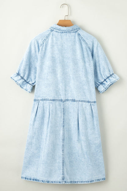 Beau Blue Chambray Ruffled Collared Denim Shift Dress