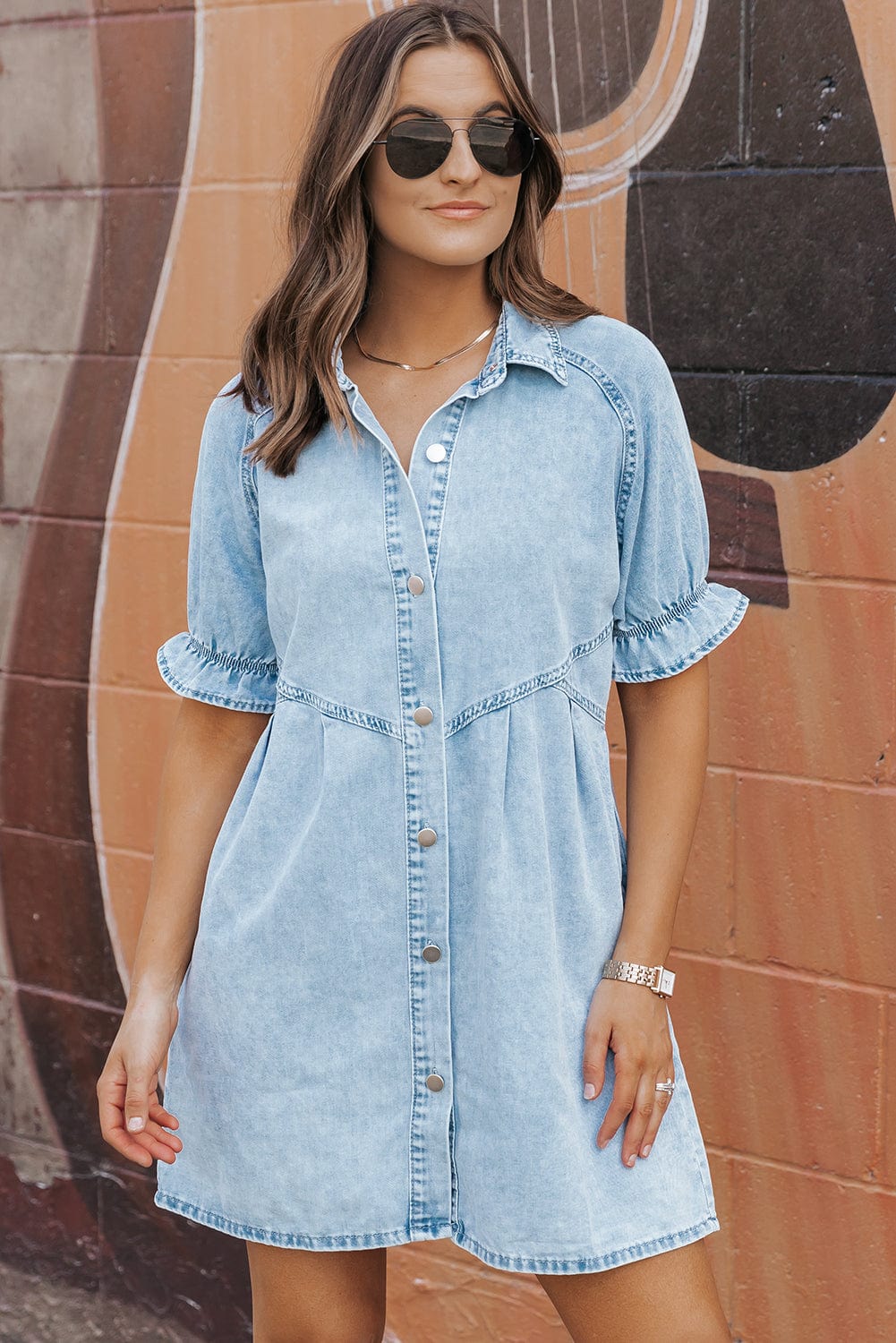 Beau Blue Chambray Ruffled Collared Denim Shift Dress