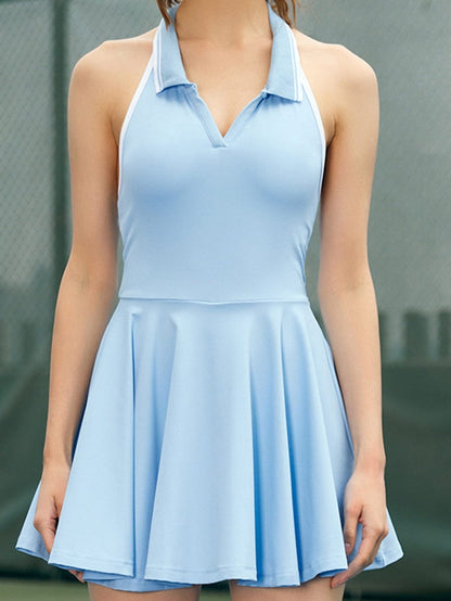 Beau Blue Colorblock Sleeveless Collared Halter Neck Backless Sports Dress