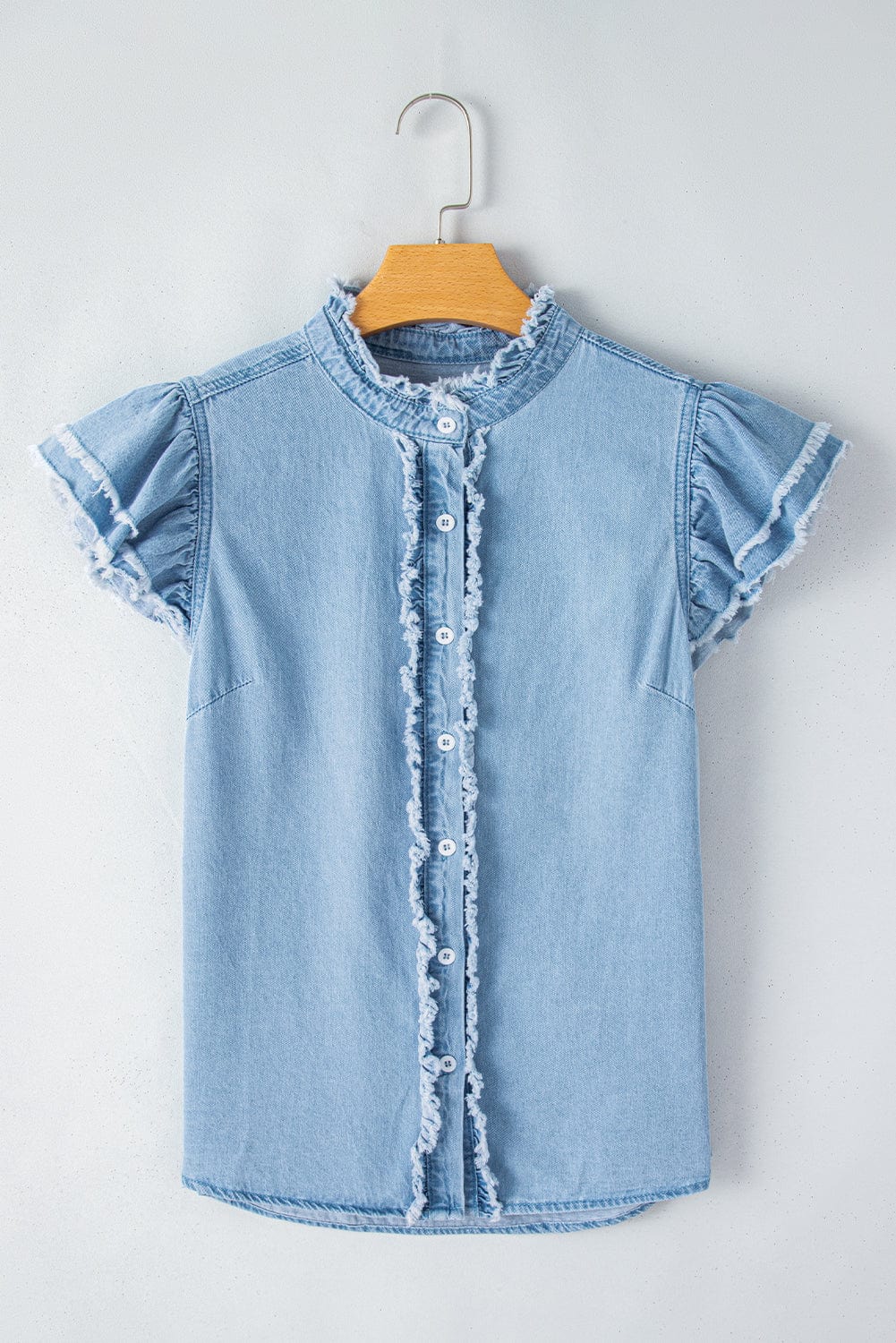 Beau Blue Denim Ruffle Flutter Sleeve Button-Up Top