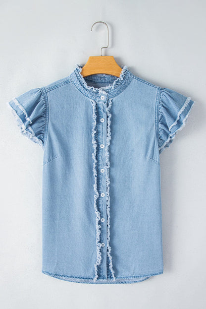 Beau Blue Denim Ruffle Flutter Sleeve Button-Up Top