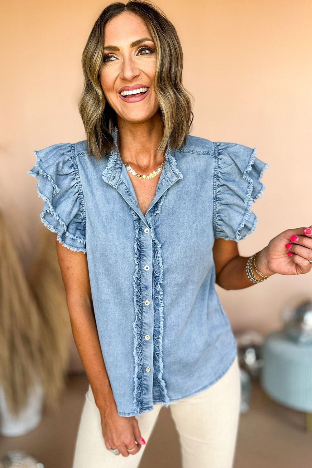 Beau Blue Denim Ruffle Flutter Sleeve Button-Up Top