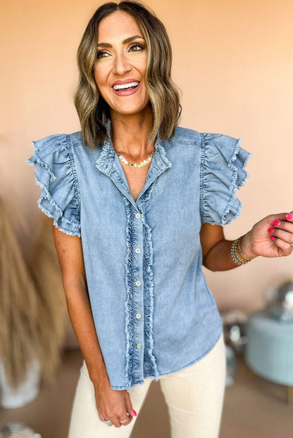 Beau Blue Denim Ruffle Flutter Sleeve Button-Up Top