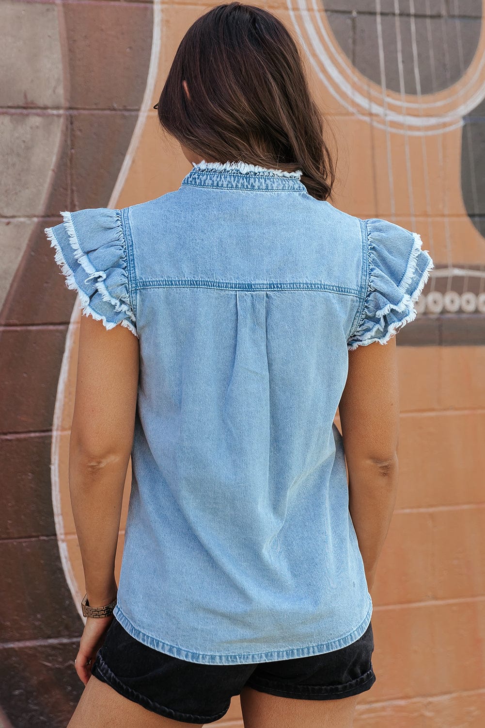 Beau Blue Denim Ruffle Flutter Sleeve Button-Up Top
