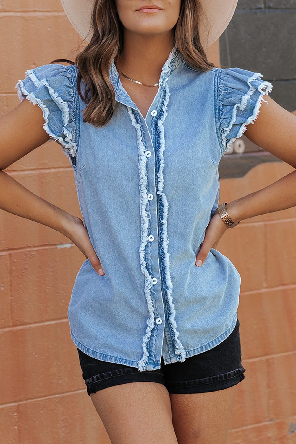 Beau Blue Denim Ruffle Flutter Sleeve Button-Up Top