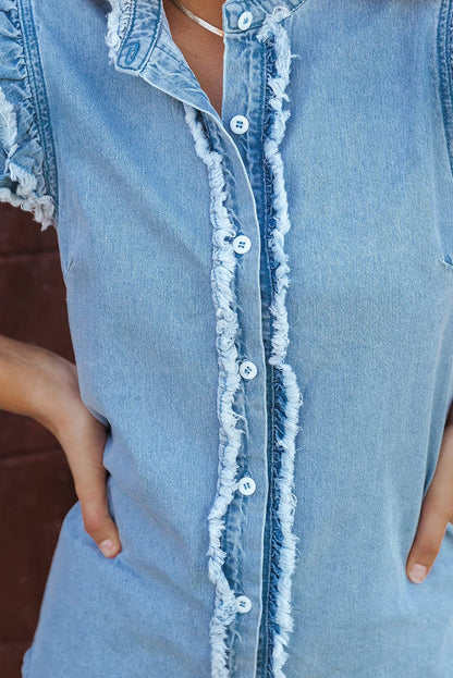 Beau Blue Denim Ruffle Flutter Sleeve Button-Up Top