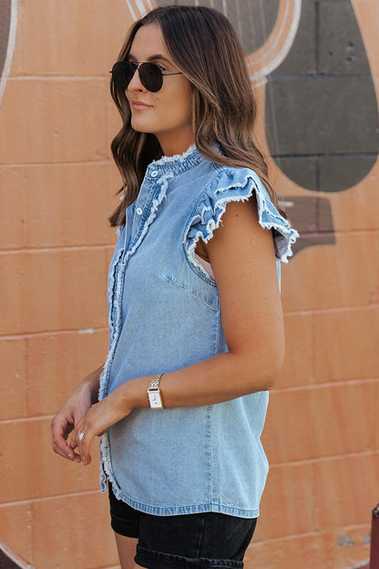 Beau Blue Denim Ruffle Flutter Sleeve Button-Up Top