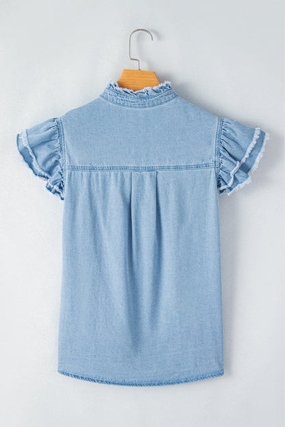 Beau Blue Denim Ruffle Flutter Sleeve Button-Up Top