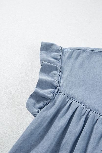 Beau Blue Denim Tiered A-line Dress with Ruffle Details