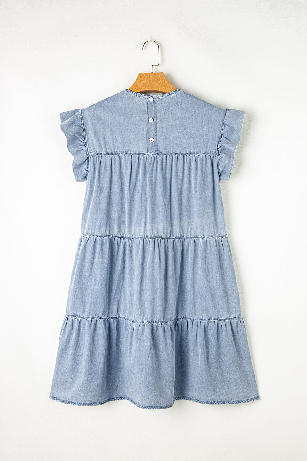 Beau Blue Denim Tiered A-line Dress with Ruffle Details