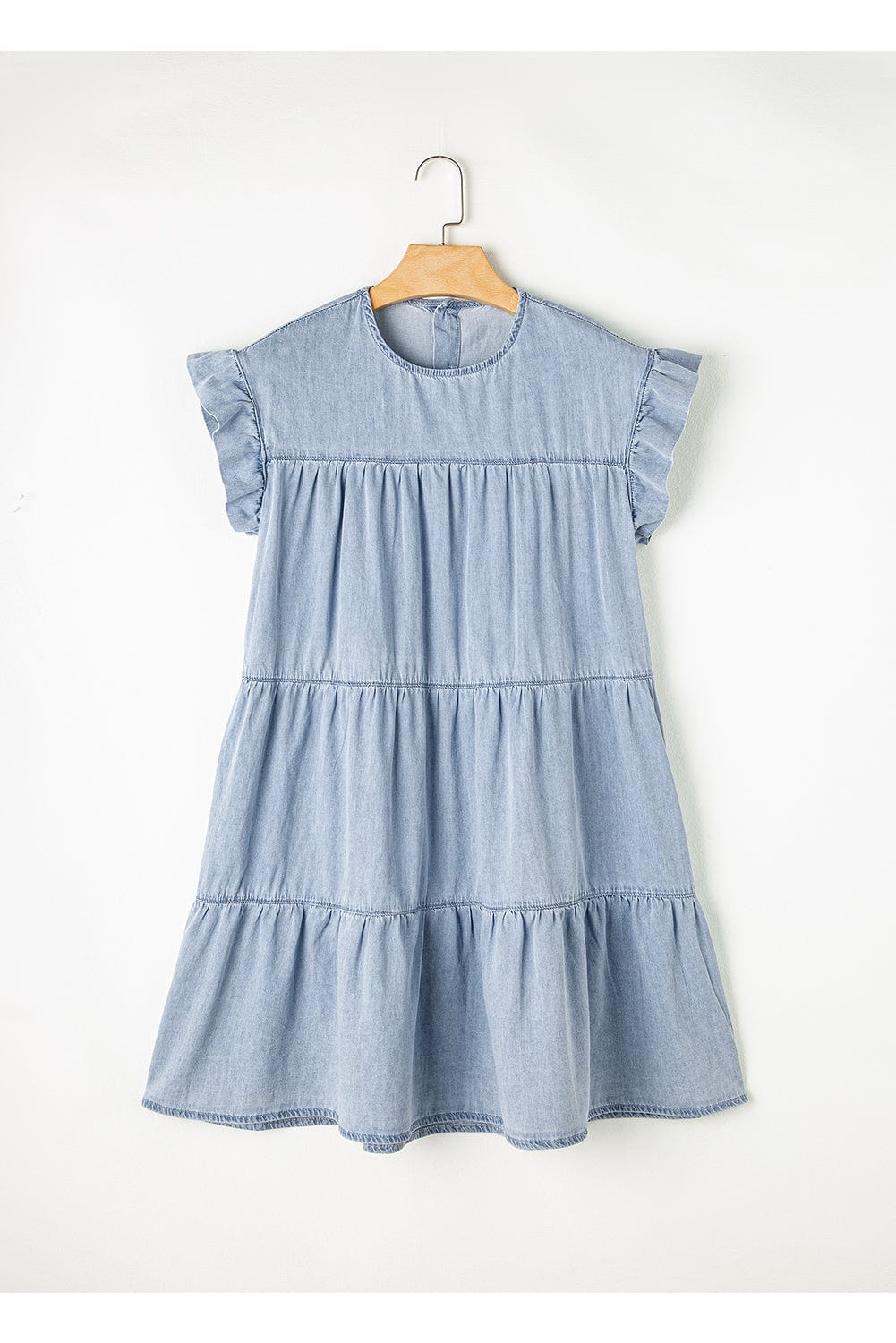 Beau Blue Denim Tiered A-line Dress with Ruffle Details