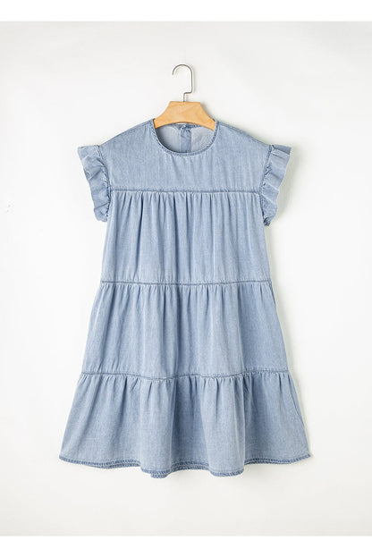 Beau Blue Denim Tiered A-line Dress with Ruffle Details