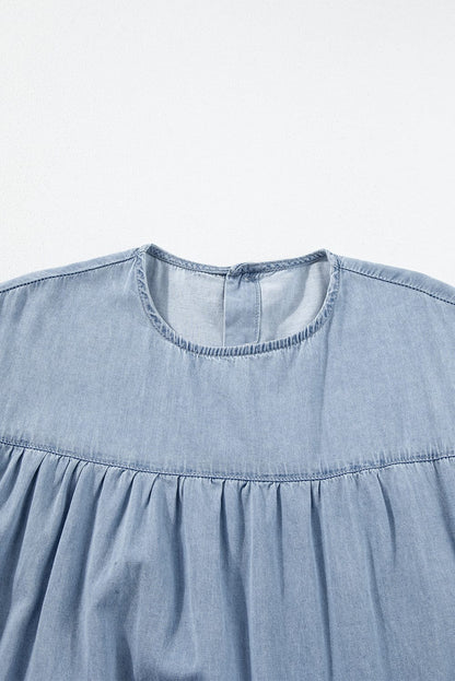 Beau Blue Denim Tiered A-line Dress with Ruffle Details