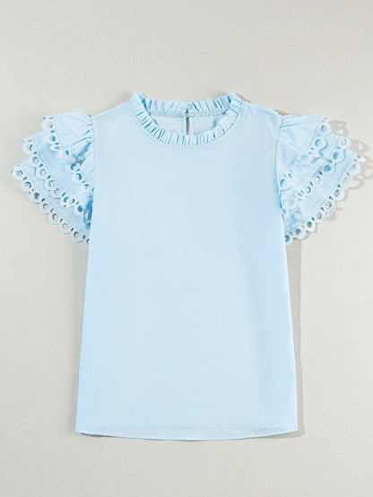 Beau Blue Elegant Cap Sleeve Blouse with Ric Rac Detail