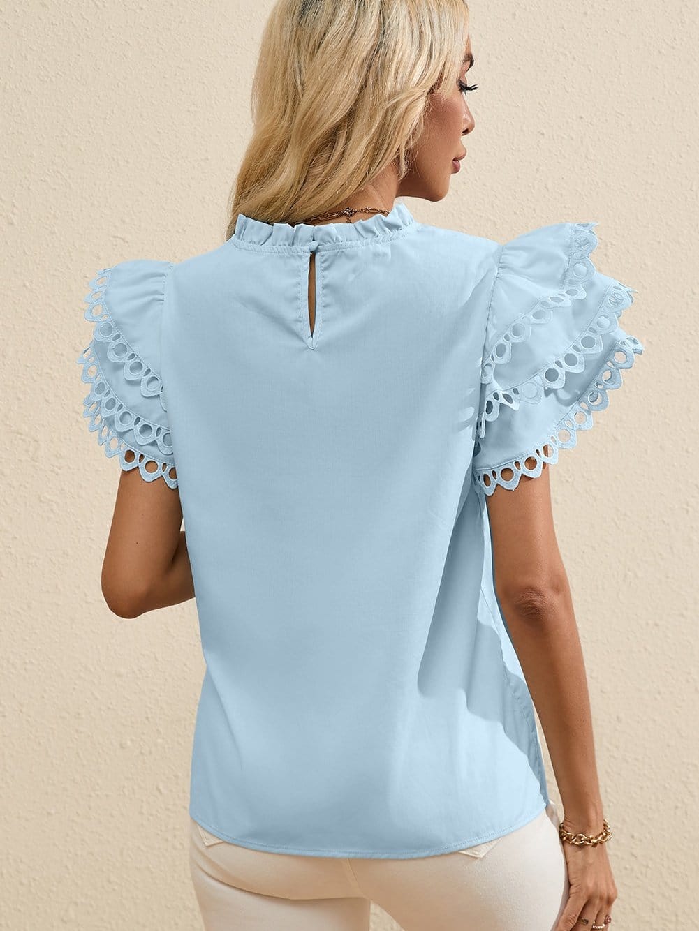 Beau Blue Elegant Cap Sleeve Blouse with Ric Rac Detail