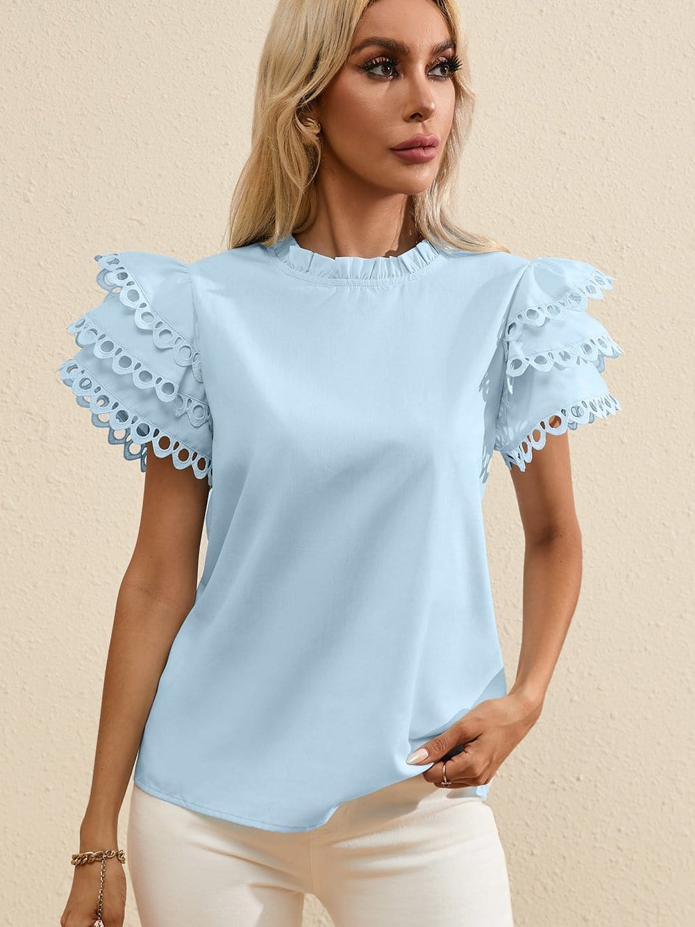Beau Blue Elegant Cap Sleeve Blouse with Ric Rac Detail
