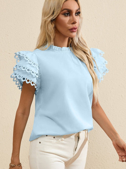 Beau Blue Elegant Cap Sleeve Blouse with Ric Rac Detail
