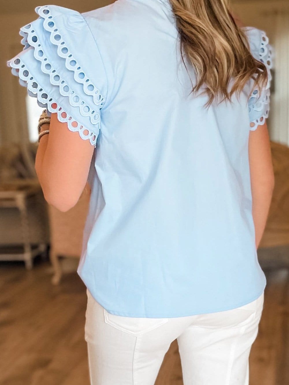 Beau Blue Elegant Cap Sleeve Blouse with Ric Rac Detail