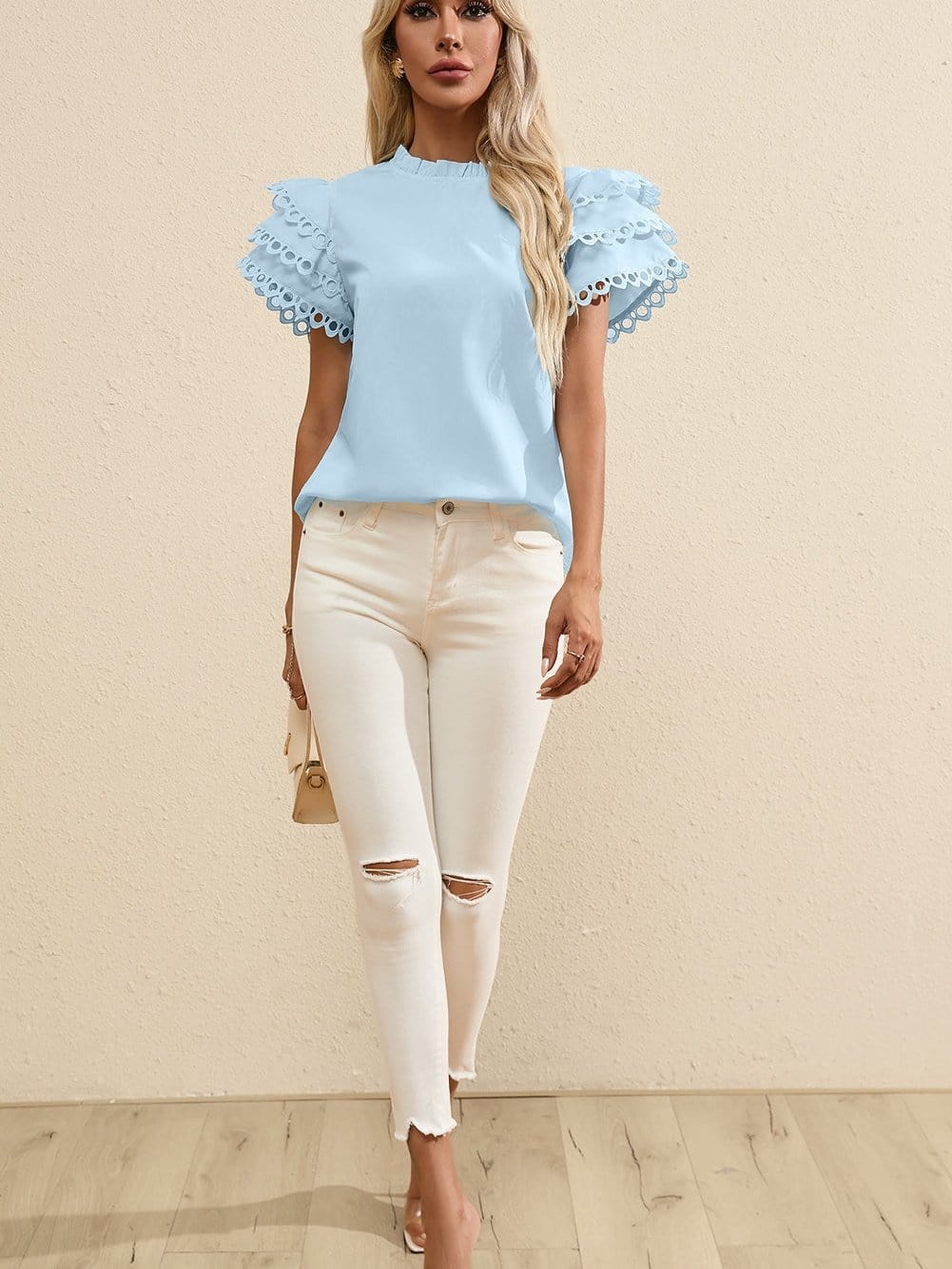 Beau Blue Elegant Cap Sleeve Blouse with Ric Rac Detail