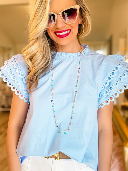 Beau Blue Elegant Cap Sleeve Blouse with Ric Rac Detail