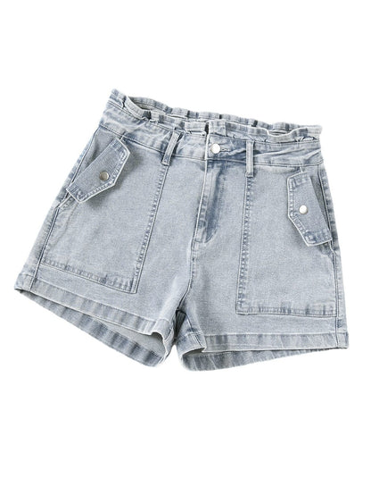 Beau Blue Feminine Ruffled Denim Shorts with Flap Pockets