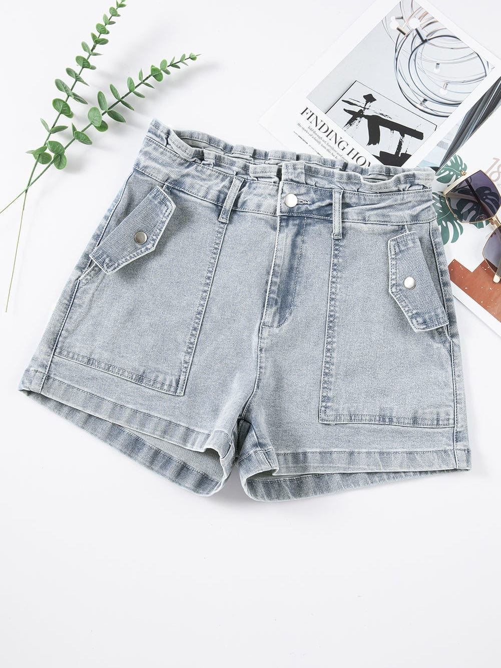 Beau Blue Feminine Ruffled Denim Shorts with Flap Pockets