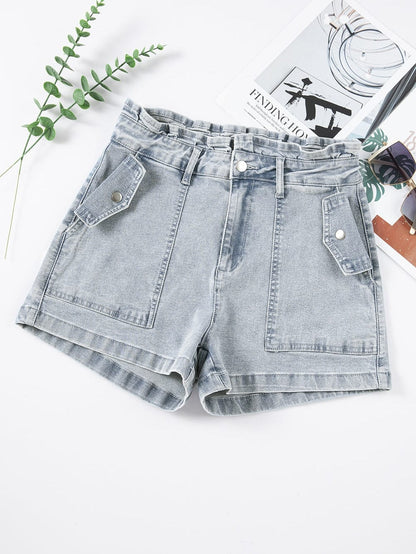 Beau Blue Feminine Ruffled Denim Shorts with Flap Pockets