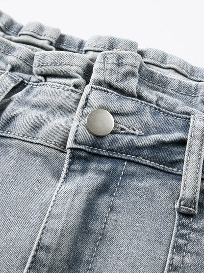 Beau Blue Feminine Ruffled Denim Shorts with Flap Pockets