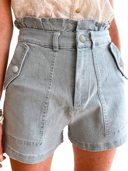 Beau Blue Feminine Ruffled Denim Shorts with Flap Pockets