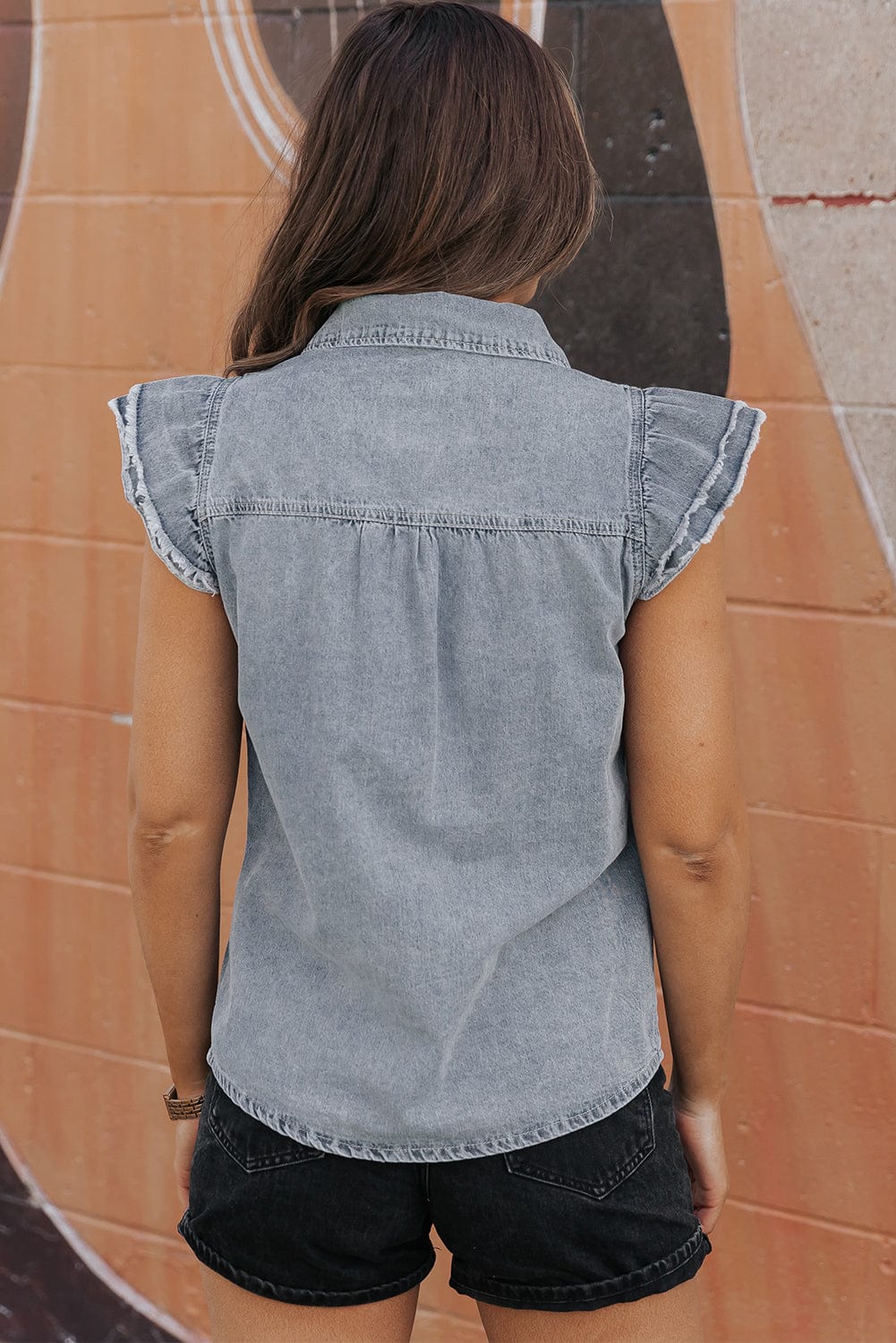 Beau Blue Frayed Ruffle Denim Blouse