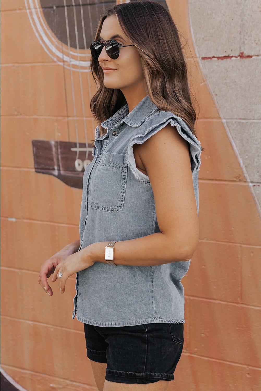 Beau Blue Frayed Ruffle Denim Blouse