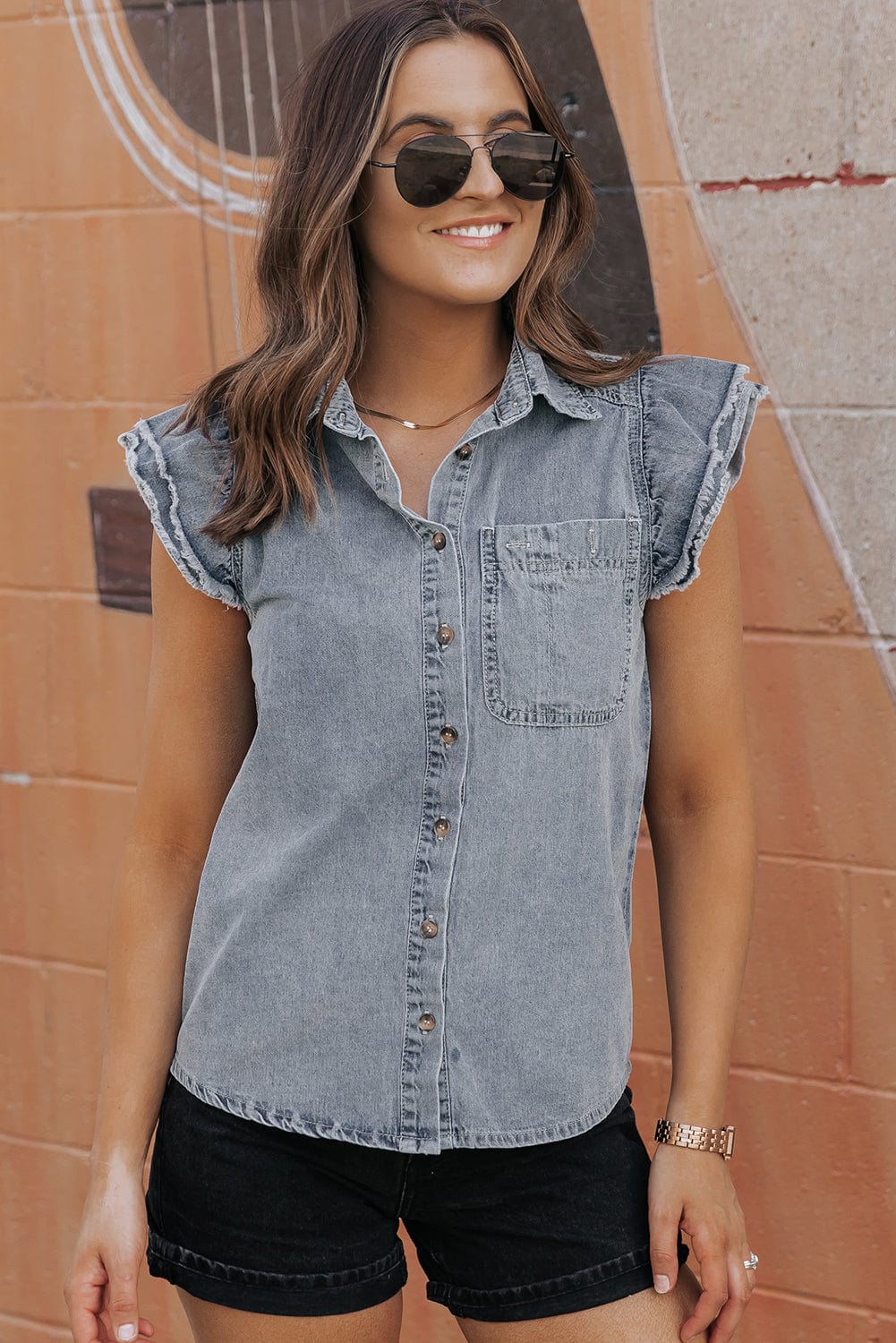 Beau Blue Frayed Ruffle Denim Blouse
