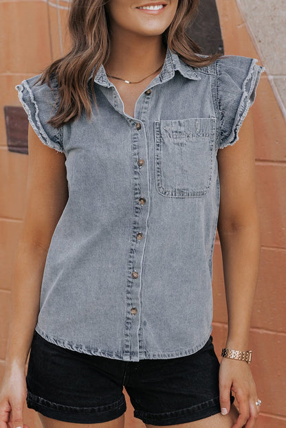 Beau Blue Frayed Ruffle Denim Blouse