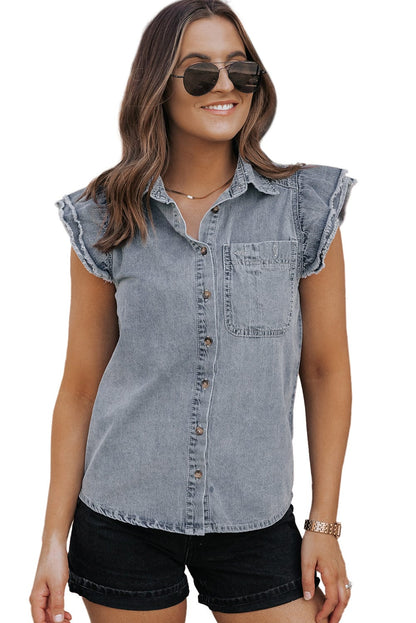 Beau Blue Frayed Ruffle Denim Blouse