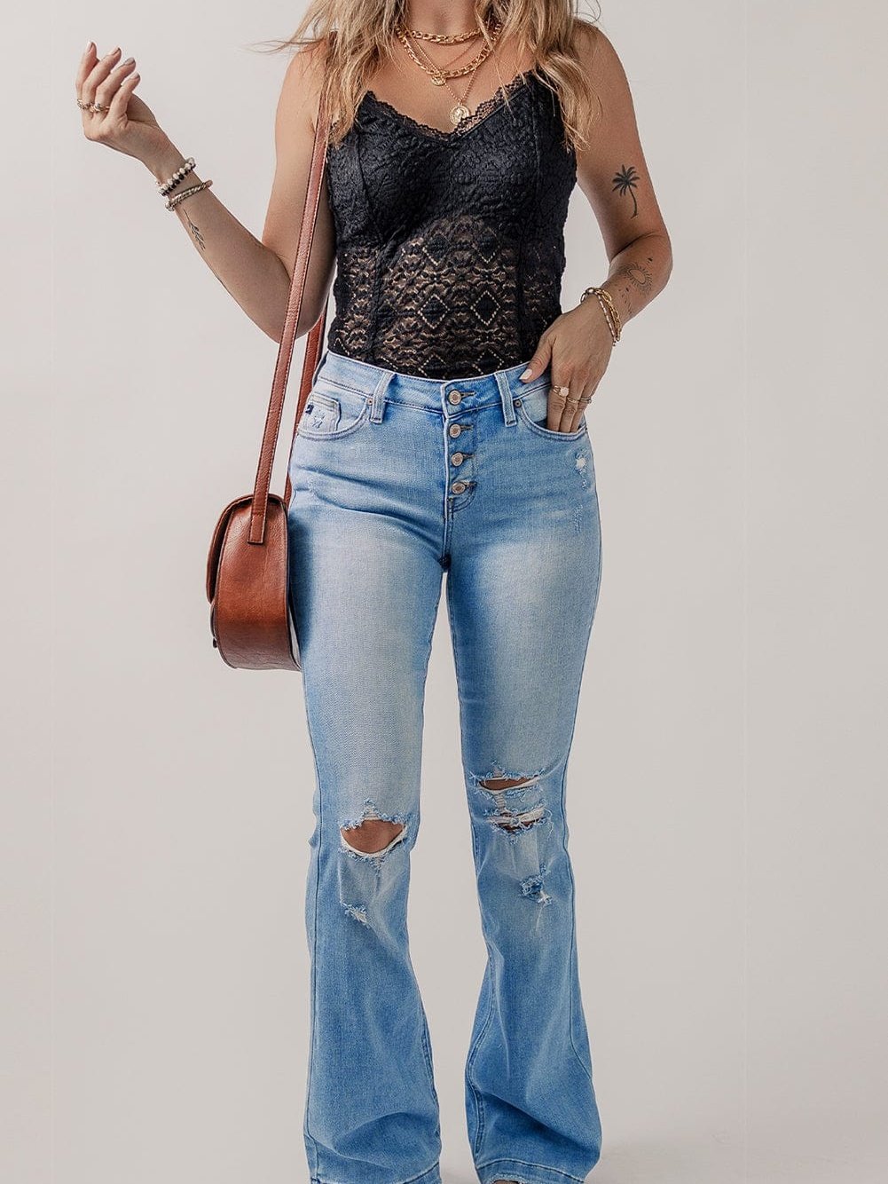 Beau Blue High Waist Button Front Ripped Flare Jeans