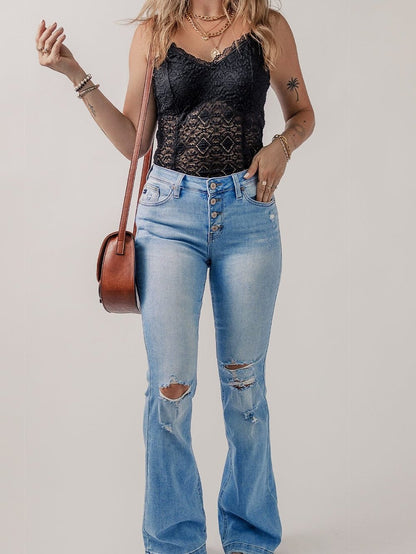 Beau Blue High Waist Button Front Ripped Flare Jeans