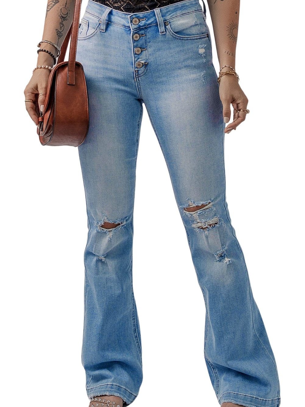 Beau Blue High Waist Button Front Ripped Flare Jeans