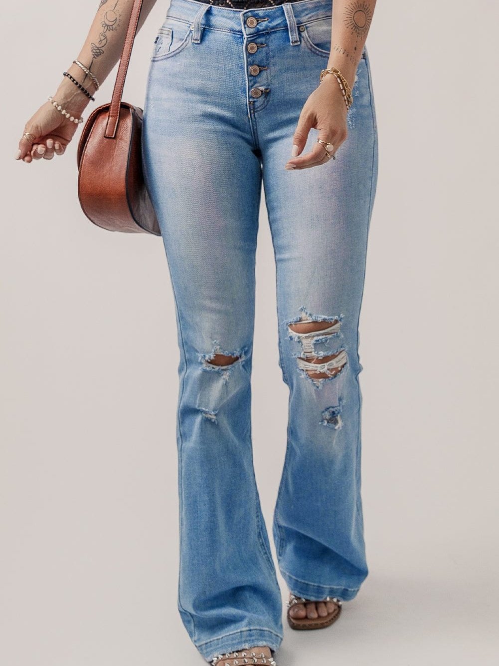 Beau Blue High Waist Button Front Ripped Flare Jeans
