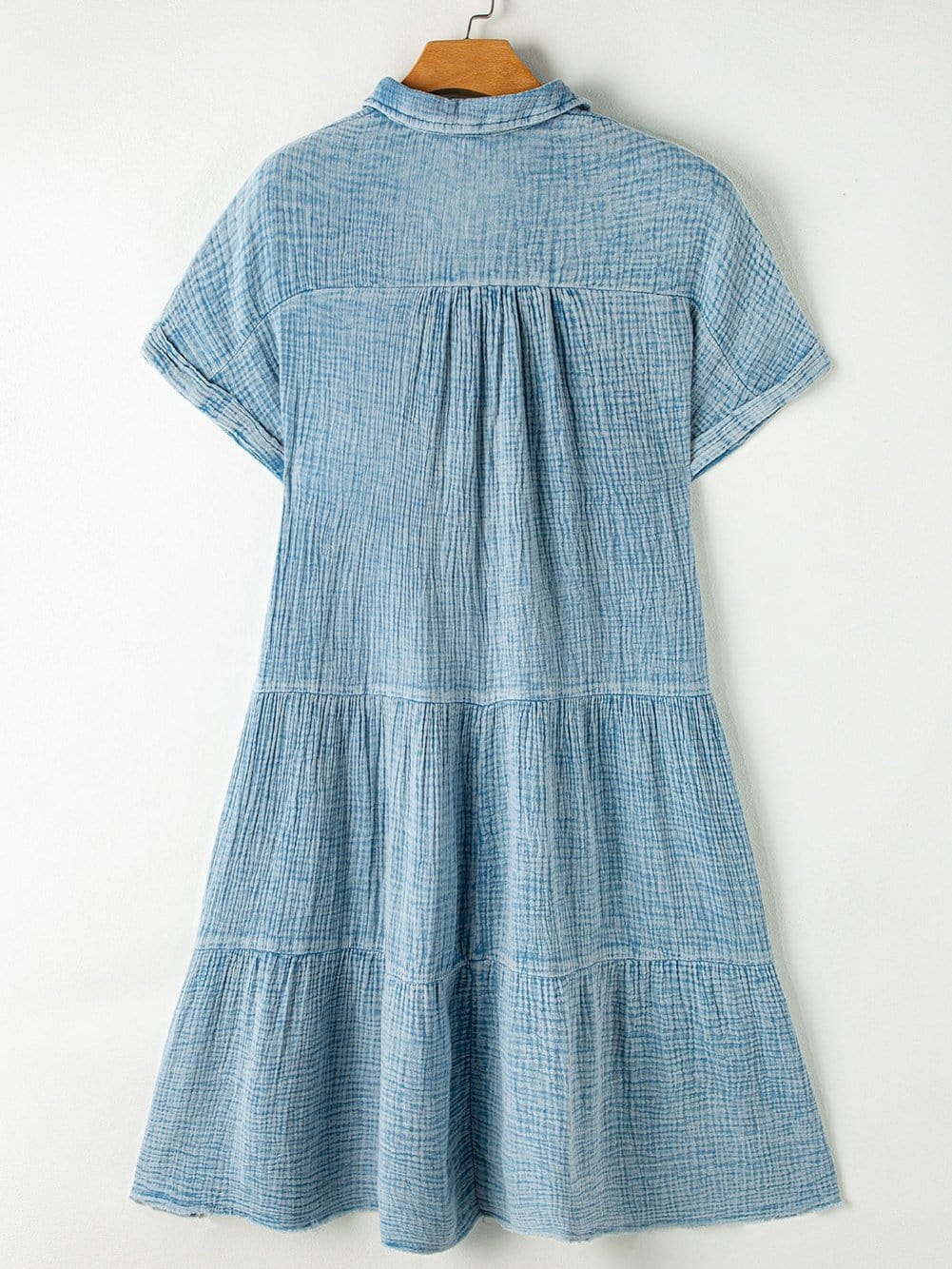 Beau Blue Mineral Wash Tiered Crinkle Dress with Raw Hem