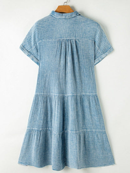 Beau Blue Mineral Wash Tiered Crinkle Dress with Raw Hem