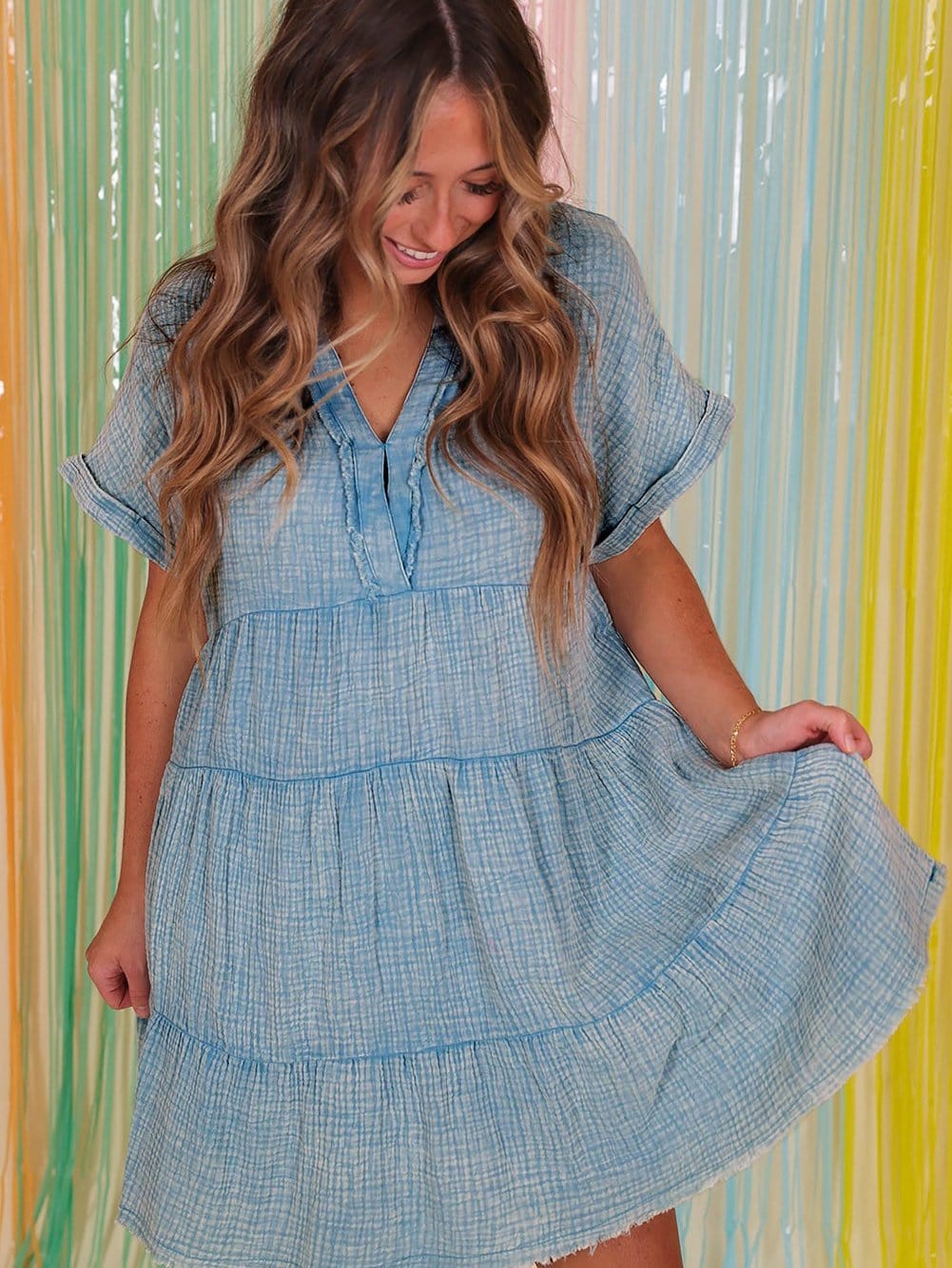 Beau Blue Mineral Wash Tiered Crinkle Dress with Raw Hem