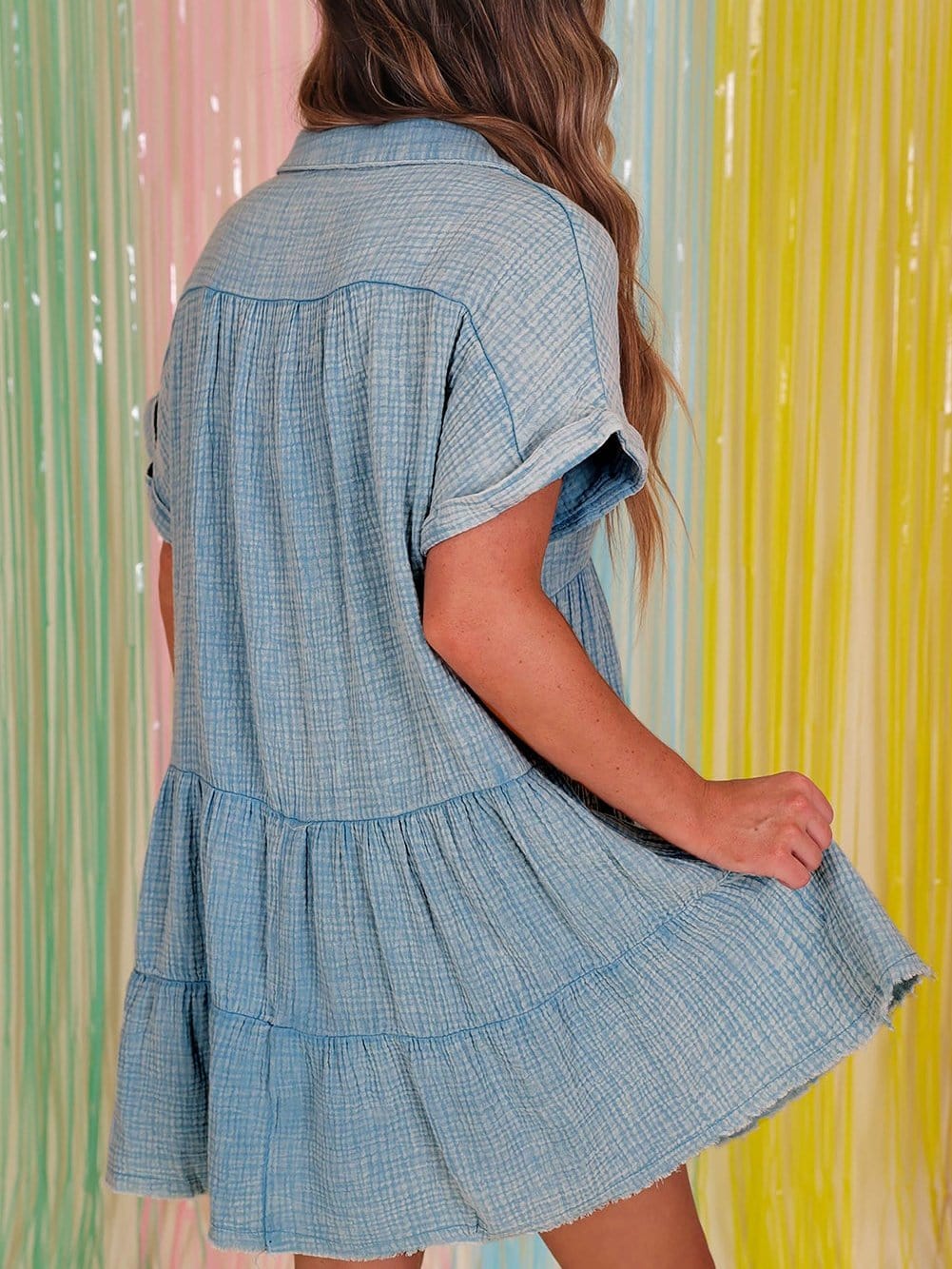 Beau Blue Mineral Wash Tiered Crinkle Dress with Raw Hem