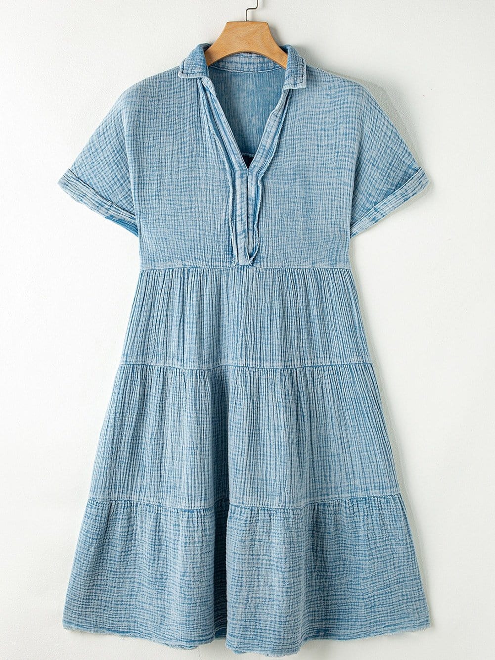 Beau Blue Mineral Wash Tiered Crinkle Dress with Raw Hem