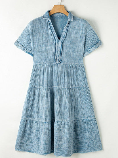 Beau Blue Mineral Wash Tiered Crinkle Dress with Raw Hem