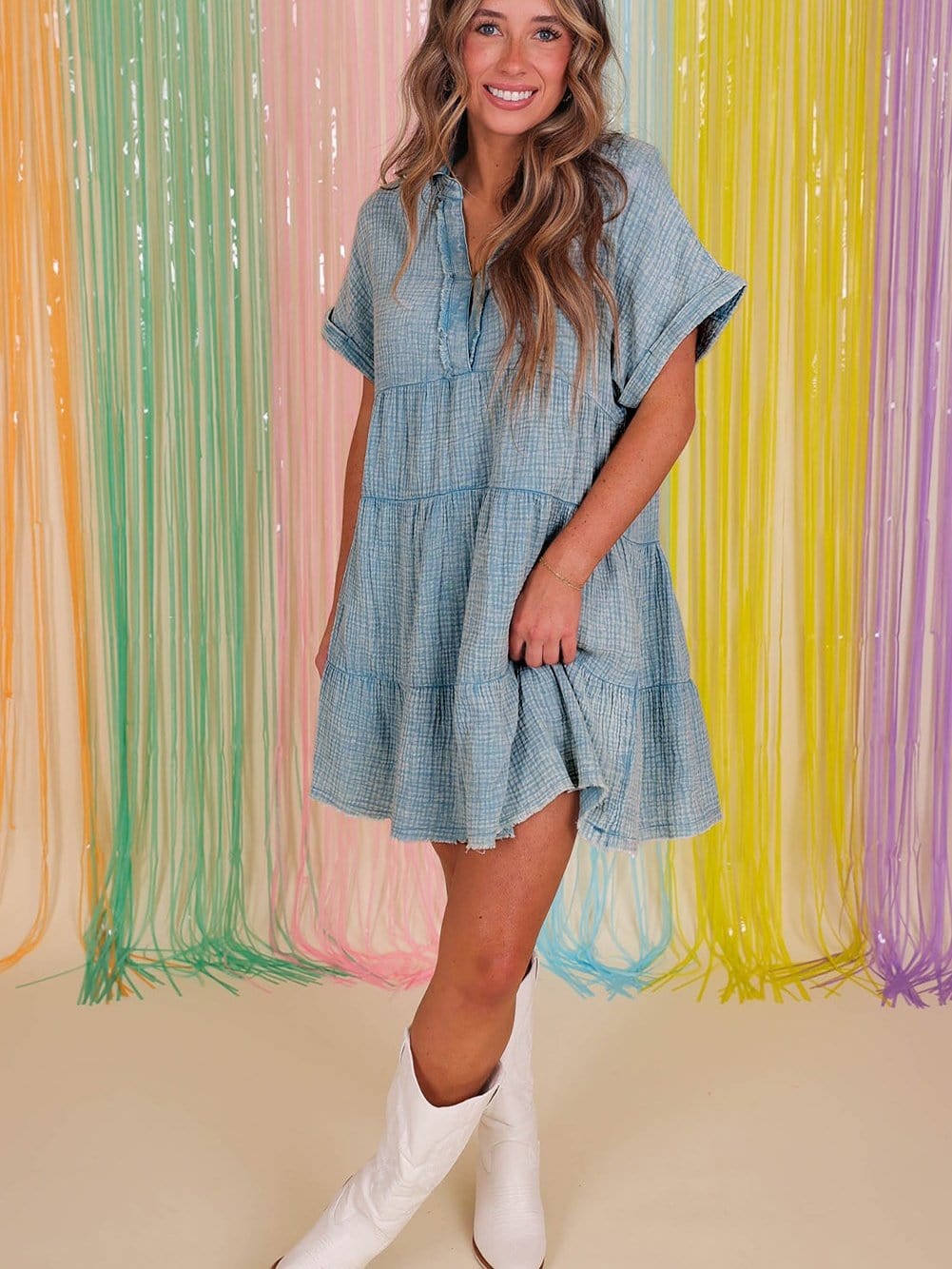 Beau Blue Mineral Wash Tiered Crinkle Dress with Raw Hem