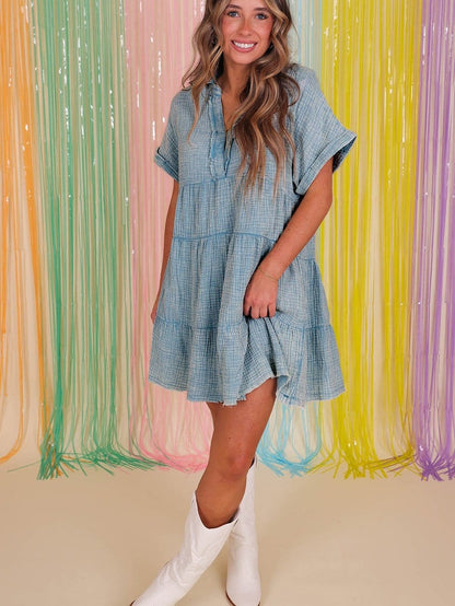 Beau Blue Mineral Wash Tiered Crinkle Dress with Raw Hem