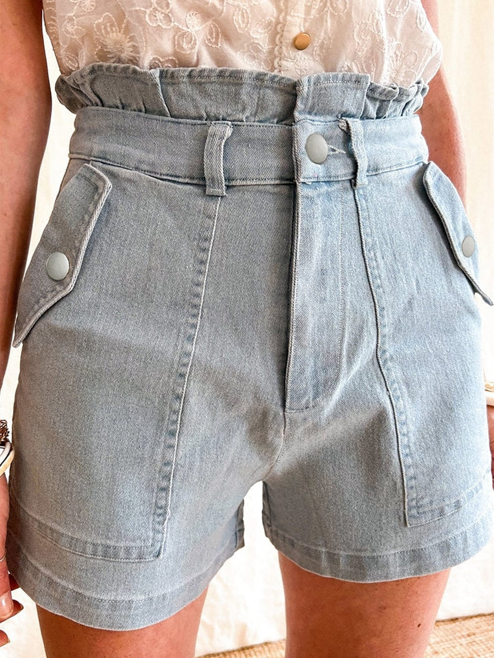 Beau Blue Ruffled High Waist Flap Pockets Denim Shorts