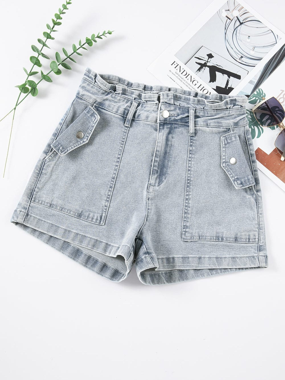Beau Blue Ruffled High Waist Flap Pockets Denim Shorts