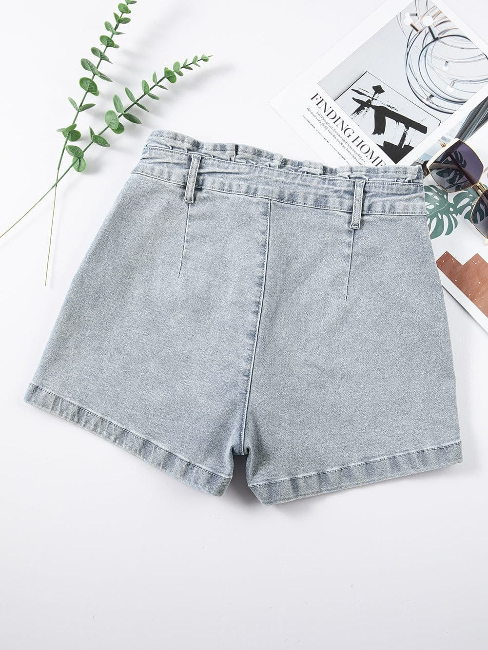 Beau Blue Ruffled High Waist Flap Pockets Denim Shorts